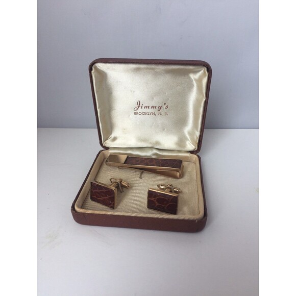 Other - Vtg De Cara Tie Bar cuff links leather faux snakeskin gold tone original case